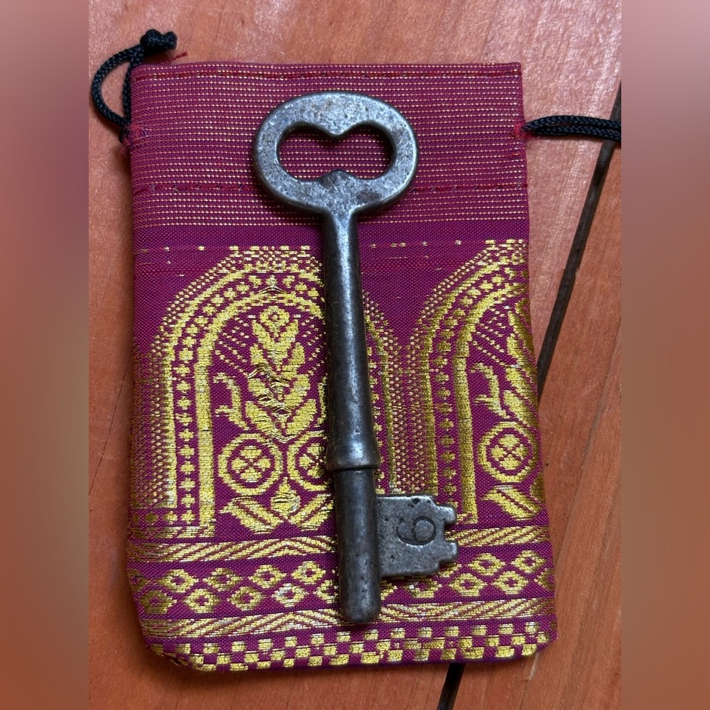 Antique Skeleton Rustic Key Recycled Silk Ritual Pouch Vintage Goth Talisman